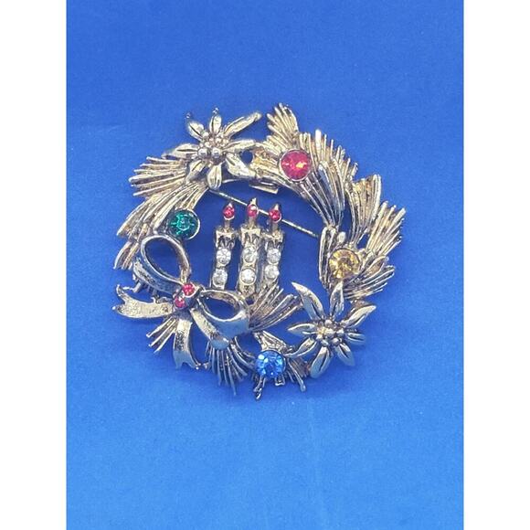 Vintage Brooch Christmas Wreath Candles Ornaments Gold Tone Rhinestones Beatrix - Picture 2 of 7